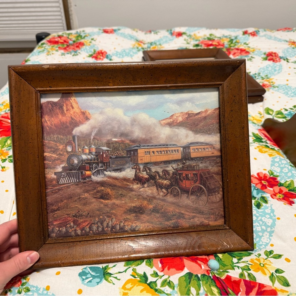 Vintage Train and Stagecoach Framed Art